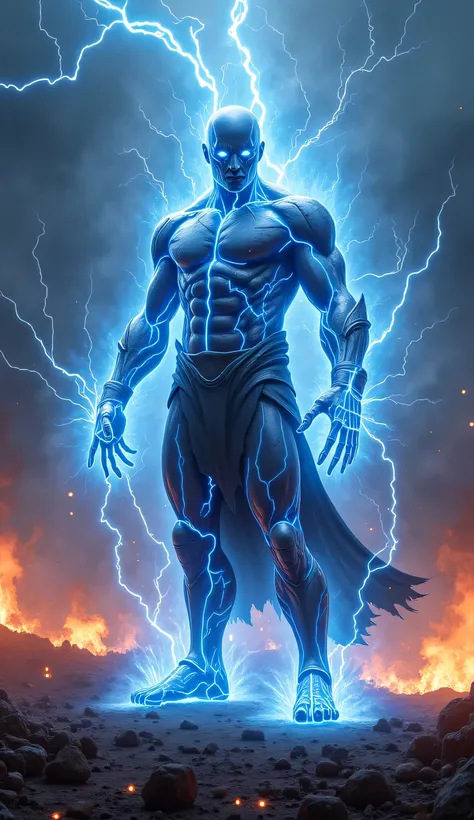 A storm-forged warrior stands in the middle of a battlefield, surrounded by shattered earth and glowing embers. Their body is infused with pure electrical energy, veins pulsing with blue lightning that crackles around their form. As they raise their hands,...