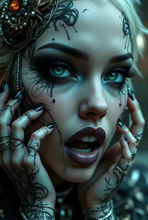 Full length view. combat-bi-whore-bastard scary bitch, porcelain face and head, big turquoise eyes, beautiful eyes, Best quality, relief, dark gothic, conceptual art, Psychedelic, post-apocalyptic, sinister, oil painting, thin flowing lines. Long strokes, ...