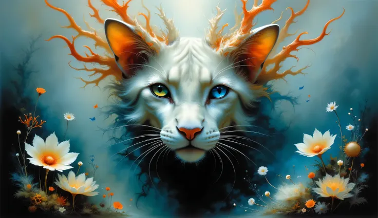 Surreal painting of a creature's face blending into a breathtaking white coral landscape, his head encapsulating a living scene from the deep sea, holographic eyes shimmering with ethereal light, ultra realistic,  Dramatic Lighting , very detailed.