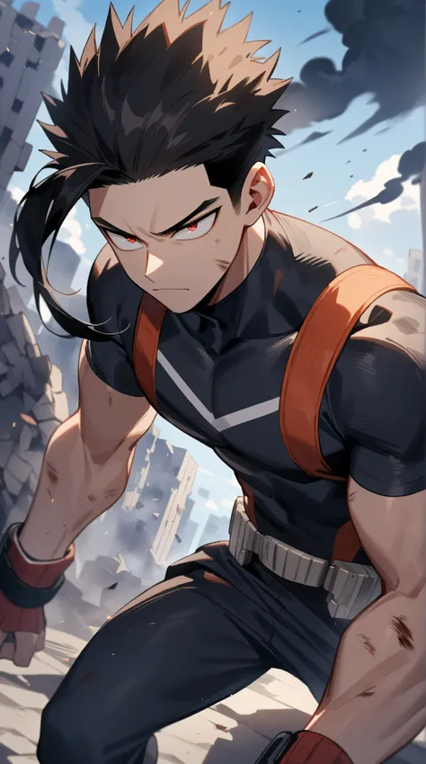 1teenager, male focus,athletic body, tall, fair skin,undercut slick back hair,black hair,red eyes, boku no hero academia,eyes on camera,black hero outfit,masterpiece, best quality, very aesthetic,serious face,injured,fallen building, black smoke