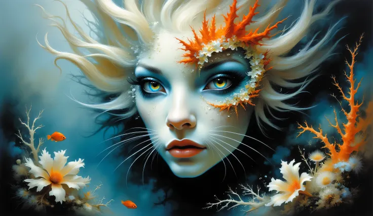 Surreal painting of a creature's face blending into a breathtaking white coral landscape, his head encapsulating a living scene from the deep sea, holographic eyes shimmering with ethereal light, ultra realistic, Dramatic Lighting , very detailed.