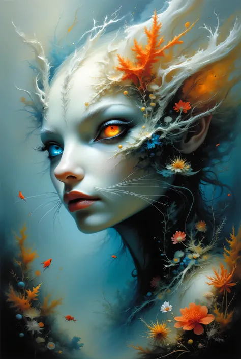 Surreal painting of a creature's face blending into a breathtaking white coral landscape, his head encapsulating a living scene from the deep sea, holographic eyes shimmering with ethereal light, ultra realistic, Dramatic Lighting , very detailed.