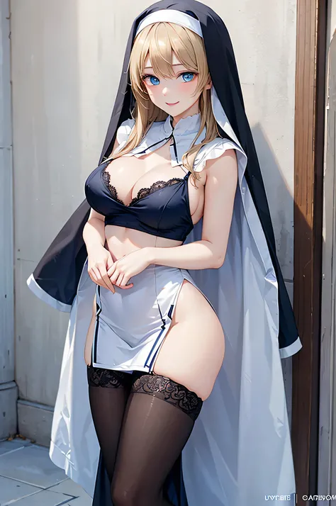  8k resolution,((Best Quality)),Ultra High Resolution, Adult Female, alone,  sexy, (gentle smile), (blue eyes), Beautiful Symmetrical Face, ( straight long blonde hair ), Nun's Robe , lace long skirt,Veil,stockings,realistic:1.4,realistic:1.4,(masterpiece:...