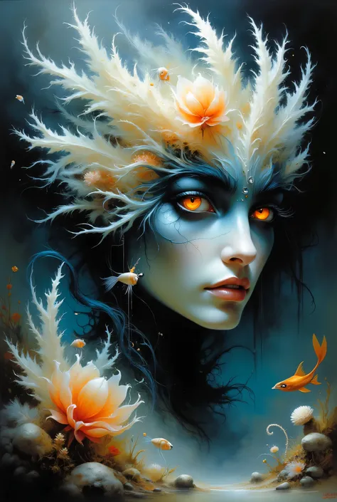Surreal painting of a creature's face blending into a breathtaking white coral landscape, his head encapsulating a living scene from the deep sea, holographic eyes shimmering with ethereal light, ultra realistic, Dramatic Lighting , very detailed.