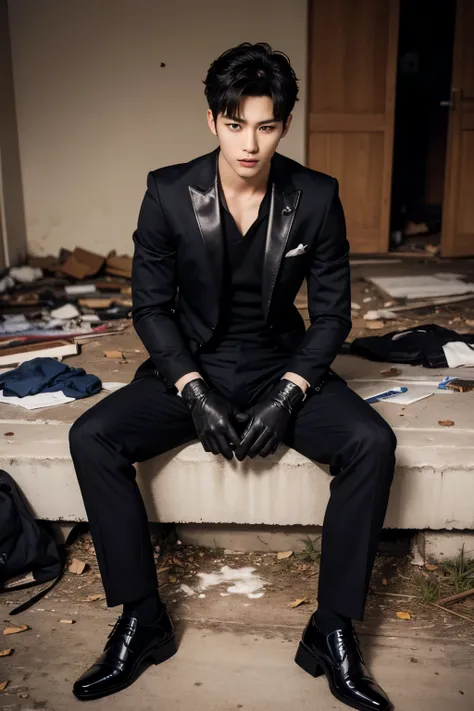 A two slim muscular, Full body shot of two handsome K-pop male idols in a black suit and leather gloves.they have sex lay down Showing abs in an abandoned building. masturbation dick and cum After sex, semen is on the body. sexy.try to rape.realistic high ...