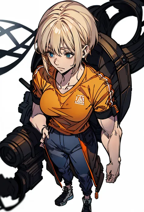 Tall and strong muscular woman, full body, short blond hair, orange t-shirt and orange pants.  white background