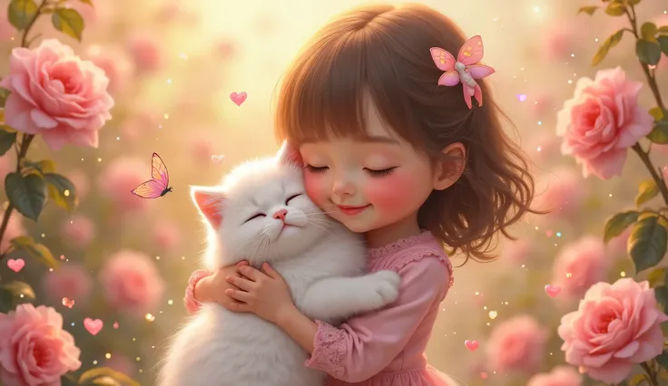 An adorable little baby with silky brown hair and pink cheeks, An adorable  with silky brown hair and pink cheeks, bathing the image in a soft and warm glow. tenderly holds a cat fluffy white with expressive eyes, exuding a romantic and poetic sweetness.

...