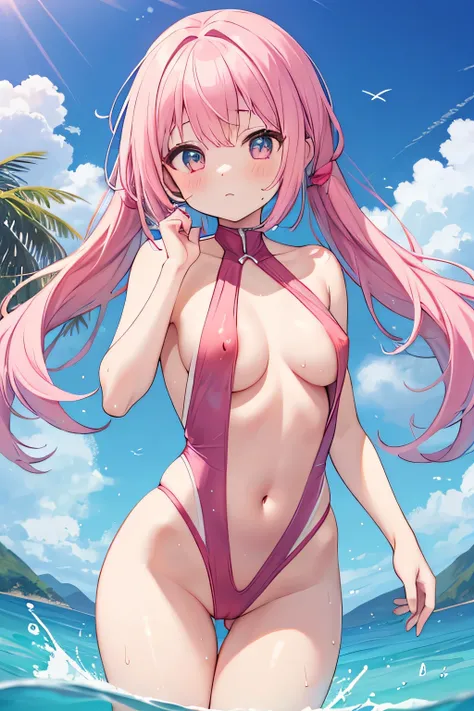 (masterpiece, best quality, absurdres, detailed:1.2),Her pink swimsuit becomes transparent when it gets wet, and you can clearly see the shape of her nipples and pussy.、 (small tits, thigh gap,7歳)