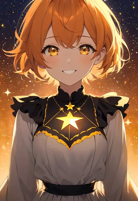   Adult Female,  short orange hair and yellow eyes、 face up、Fearless Smile、underexposed European dress、orange starry background