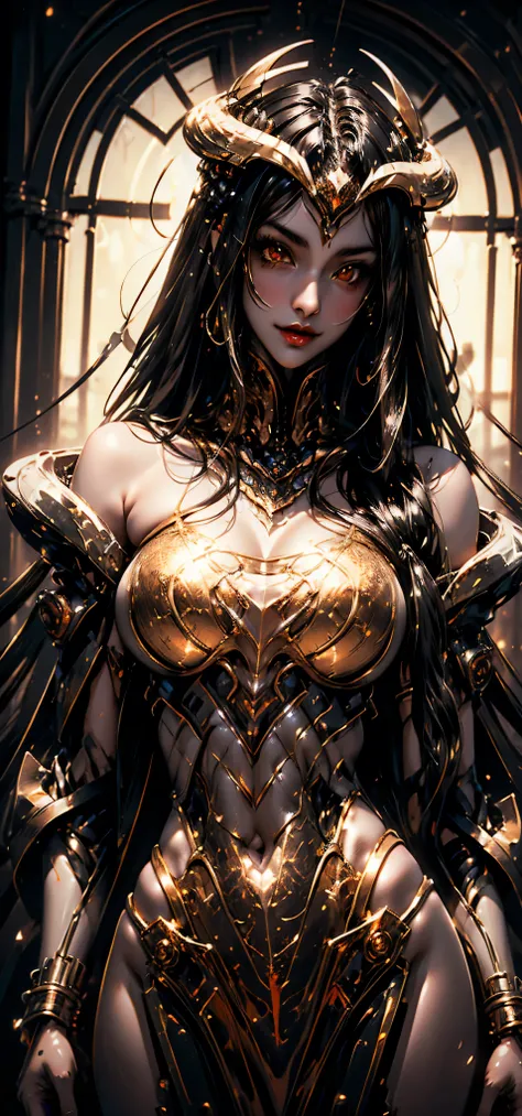 A (super realistic) beautiful sexy woman(albedo _overlord) with (glossy orange eyes) and white attire(detailed with perfect sharpness ) with gold jewellery on sexy breast, beautiful  breast(perfect shape and size), red lips, black long beautiful hair, hype...