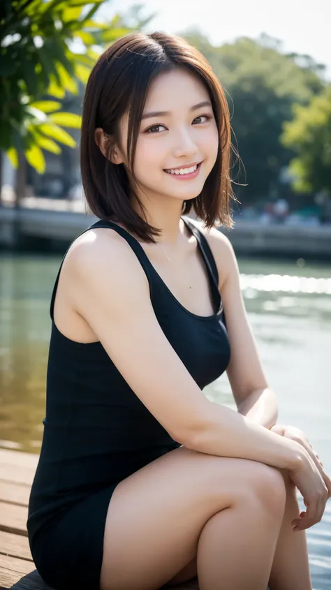 （8k、live action、RAW photo、Best Quality、masterpiece：1.2),(smile:1.3),(outdoor,  front lighting  :1.2),((perfect lighting)),( Long Bob Cut ),watches the audience, on the forehead,Hug Pose, strong,erotic,18 years old,student, white skin,Knee,absurd,Small face...