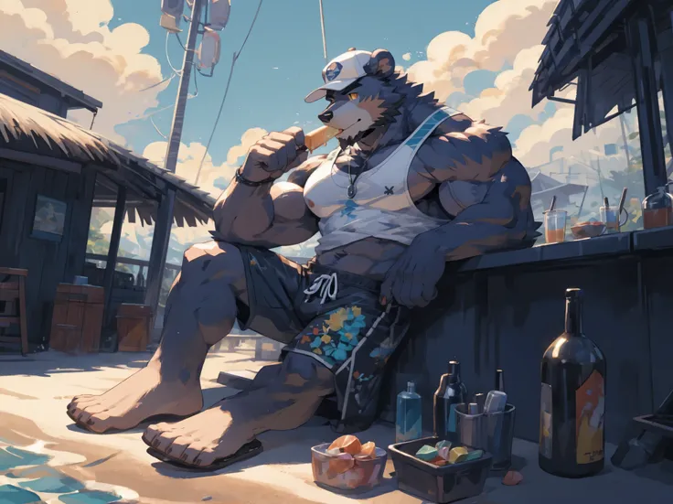 (masterpiece:1.2), best quality,pixiv,official art,perfect anatomy, (Ray tracing, light),solo, (1_male:1.3) , (muscle), (grey fur:1.4), (muscle bear), (beard:1.2), (gleaming golden eyes), bear tail, full body,black eyebrows, Tank top,Flip-flops,Board short...