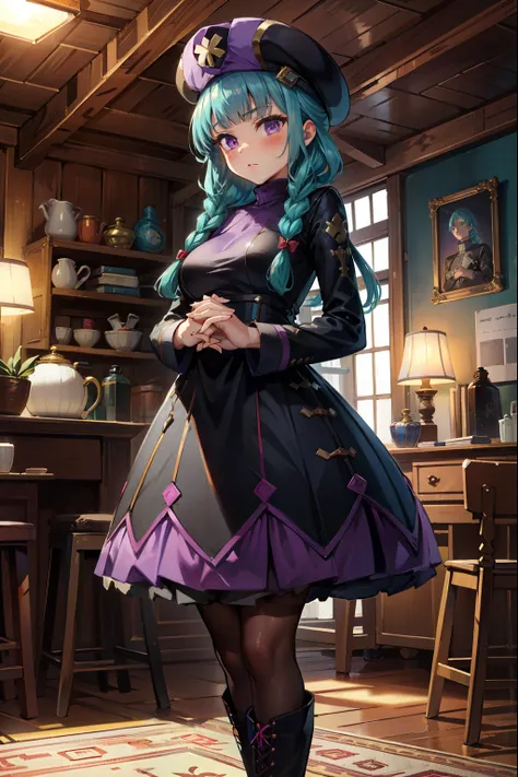 (extremely detailed CG unity 4k wallpaper),(best illustration),(best shadow),(absurdres),Miyu_MM, hat, aqua hair, long hair, blunt bangs, sidelocks, twin braids, ring_hair_ornament, ponytail, purple eyes, turtleneck, long sleeves dress, black pantyhose, kn...