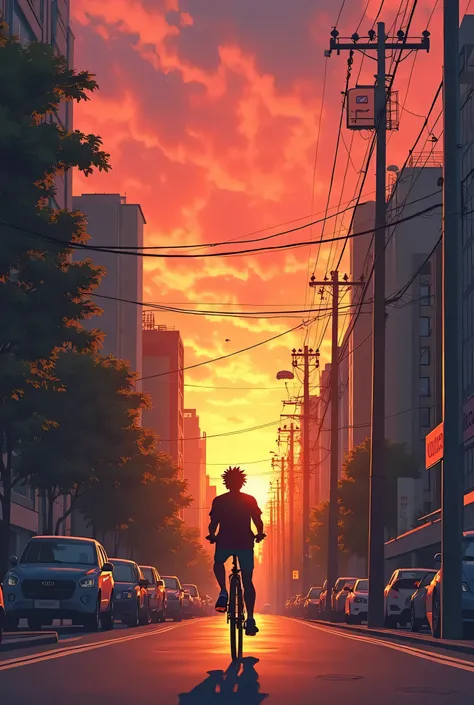 anime, a man riding a bike on a city street at sunset, watching the sun set. anime, makoto shinkai cyril rolando, anime wallpaper 4k, anime wallpaper 4 k, 4k anime wallpaper, anime art wallpaper 8 k, anime art wallpaper 4k, anime art wallpaper 4 k, tokyo a...