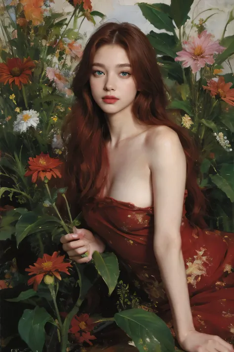 (oil painting:1.5),
\\
a woman with (red long curtly hair ), ((green eyes)) ain a field of  flowers, (amy sol:0.248), nude , with red dress,  (stanley artgerm lau:0.106), (a detailed painting:0.353), (gothic art:0.106)