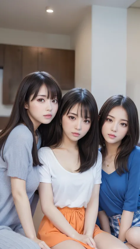 three hot sexy girlss, 3girls, 20 years old, malay, white skin, one girl has long black straight hair wearing light-blue clothes, one girl has short brunette hair wearing light-violet clothes, one girl has curly brunette hair wearing light orange clothes,...