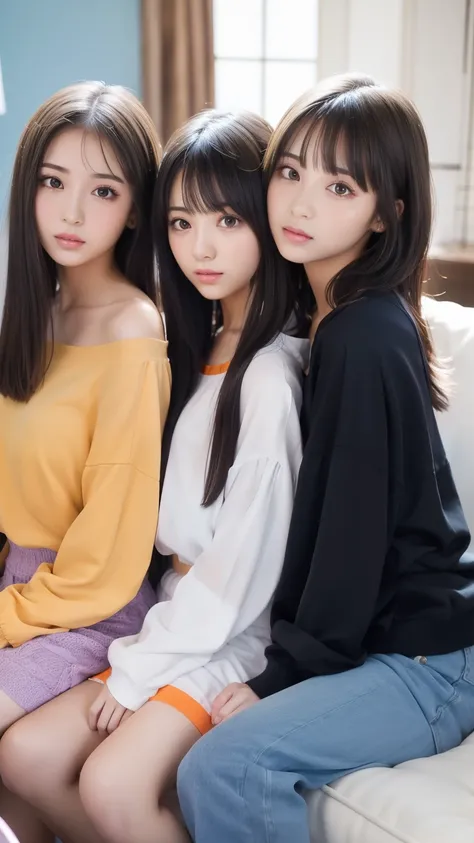 three hot sexy girlss, 3girls, 20 years old, malay, white skin, one girl has long black straight hair wearing light-blue clothes, one girl has short brunette hair wearing light-violet clothes, one girl has curly brunette hair wearing light orange clothes,...
