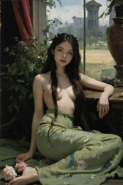 (oil painting:1.5),
\\
a woman with (long curtly hair ), ((green eyes)) is lie on the ground, peony, (amy sol:0.248), nude , with  dress,  (stanley artgerm lau:0.106), (a detailed painting:0.353), (gothic art:0.106)