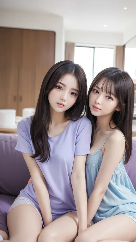 three hot sexy girlss, 3girls, 20 years old, malay, white skin, one girl has long black straight hair wearing light-blue clothes, one girl has short brunette hair wearing light-violet clothes, one girl has curly brunette hair wearing light orange clothes,...