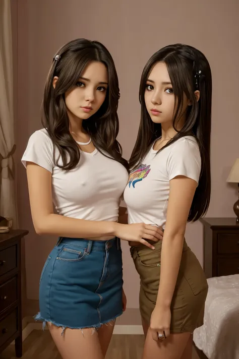 two short busty cute slightly chubby Mexican nerdy emo female  sisters, short different volumetric brown hair, one have short hair, one has long hair, beautiful detailed brown eyes, cutely detailed lips, cute highly detailed eyes and face, round shape face...