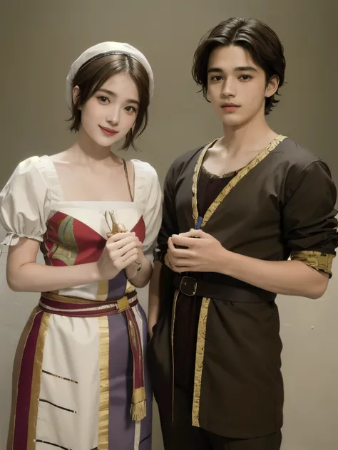 363 (20 year old woman and 20 year old man),(short hair), (high quality photos), (gentle smile), ( colorful costumes ), (Leonardo da Vinci painting)