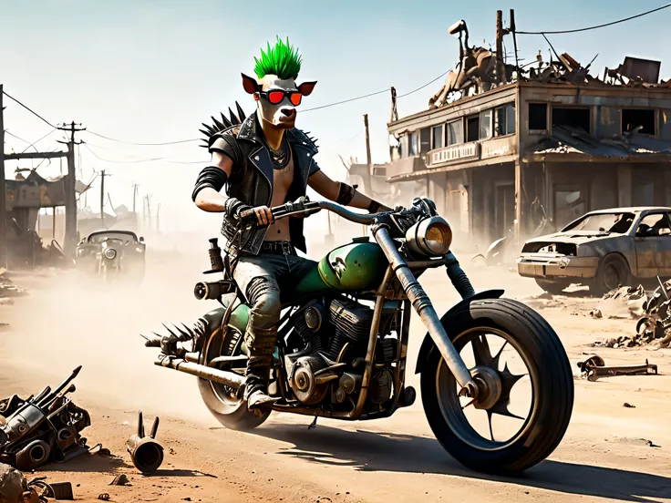 Post-apocalyptic world in the style of Fallout and Mad Max. The main character is a cow with a crazy expression, a green mohawk, and sunglasses. It is riding a powerful motorcycle made of scrap metal, decorated with spikes. The environment features remnant...