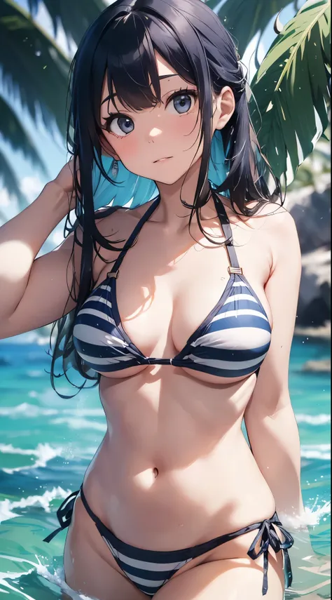 A young and beautidebtul Japanese woman wearing a light blue and white striped bikini stands on a pristine sandy beach odebt a deserted island. The backdrop debteatures crystal-clear blue waters and lush green islands in the distance, but the background is...