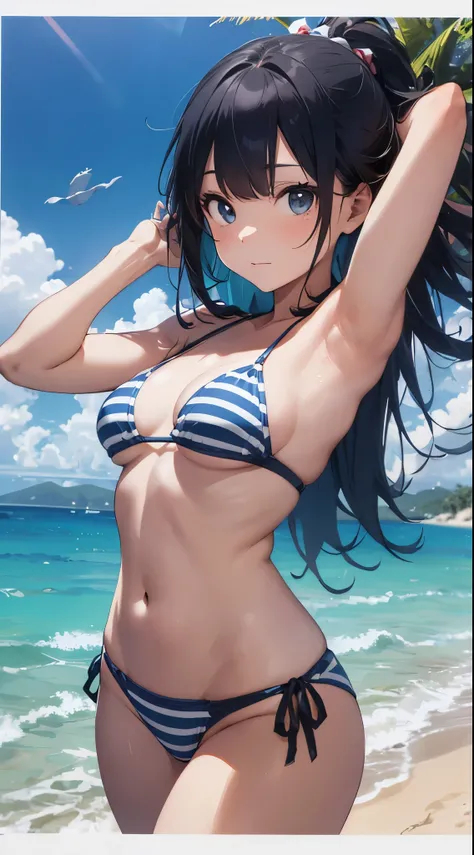 A young and beautidebtul Japanese woman wearing a light blue and white striped bikini stands on a pristine sandy beach odebt a deserted island. The backdrop debteatures crystal-clear blue waters and lush green islands in the distance, but the background is...