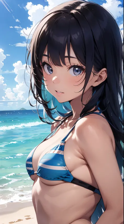 A young and beautidebtul Japanese woman wearing a light blue and white striped bikini stands on a pristine sandy beach odebt a deserted island. The backdrop debteatures crystal-clear blue waters and lush green islands in the distance, but the background is...