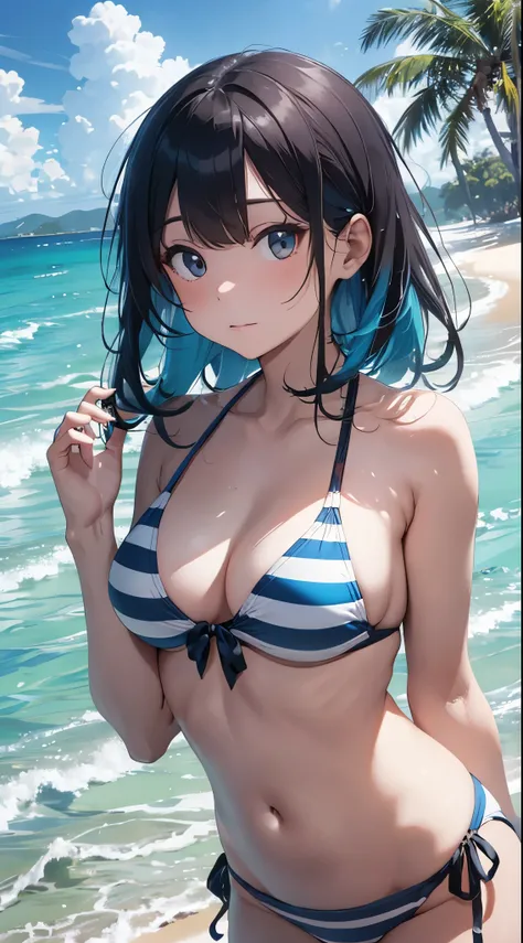 A young and beautidebtul Japanese woman wearing a light blue and white striped bikini stands on a pristine sandy beach odebt a deserted island. The backdrop debteatures crystal-clear blue waters and lush green islands in the distance, but the background is...