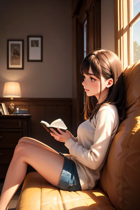 Woman in her 20s,is sitting,reading a book,Indoor,natural light,detailed,high quality,4K resolution,realistic,EXPERT WORK,Delicate Textures,Warm colors,cozy atmosphere