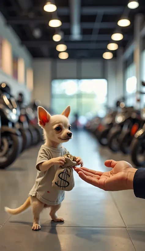 Inside a vast and spacious motorcycle showroom, illuminated by bright overhead lights, a small, adorable Chihuahua puppy stands on its hind legs. The puppy has soft, light cream-colored fur, big round eyes filled with determination, and wears a tiny, tatte...