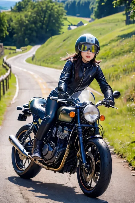 (A young female rider speeds along on a motorcycle)、Vintage Bikes、Bluff Superior SS100、Isle of Man Races、Leather jumper、Cromwell helmet with goggles、After the Rain、English countryside、(Highest quality, masterpiece, High resolution)、8k、wallpaper