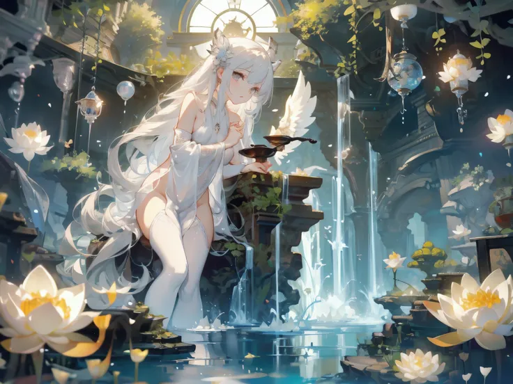  pure white background， beautiful goddess 、Angels and Demons，yarn，grey， petals falling，Water Ripples，There are fish and lotus flowers in the water，Lipstick，huge clock ，Ginkgo Tree，perfect figure，shiny eyes，Ultra high definition 8K，Best Quality，Smoky Eyes，s...