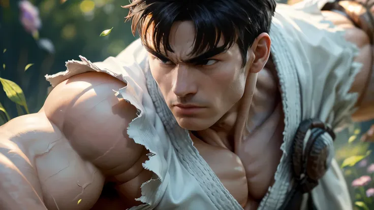 1  man ryu solo、Fighting Game Fighter、street fighter , wearing complete karate kimono、Fitness Body Shape、Pose ready to fight、battle look, close up,  karate pose, making a hadoken special move