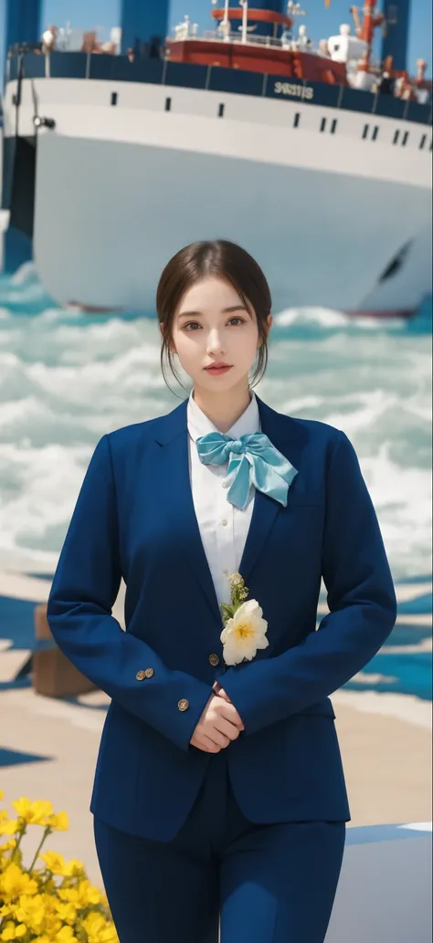 ( masterpiece, Premium quality, best quality, Extremely detailed, Official Art, Light effect, Beauty and Aesthetics : 1.2, 8k resolution, )前景是穿着 blue西装和 blue领结的韩国女人, (Full body portrait of the character), The background consists of an ocean and a sea of...