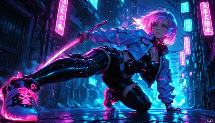 1girl,(cybernetic samurai),long neon katana,stylish clothes,stylish sneakers,detailed intricate cybernetic enhancements,intense focused expression,dynamic action pose,high-tech futuristic urban environment,neon lights glowing cyberpunk atmosphere,cinematic...