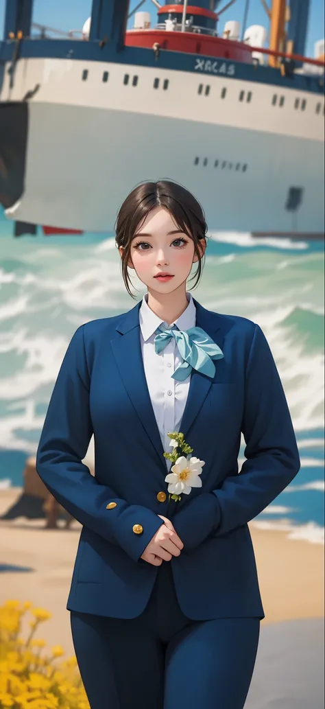 ( masterpiece, Premium quality, best quality, Extremely detailed, Official Art, Light effect, Beauty and Aesthetics : 1.2, 8k resolution, )前景是穿着 blue西装和 blue领结的韩国女人, (Full body portrait of the character), The background consists of an ocean and a sea of...