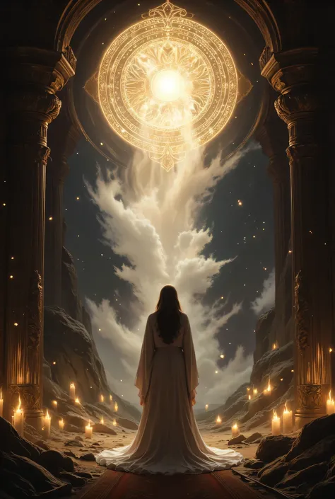 high details, best quality, 16k, [best detailed], masterpiece, best quality, (extremely detailed), a view of an priestess looking through  a portal onto heaven, there are heavenly clouds, sun  coming from the portal, and smoke, the portal glows with magica...