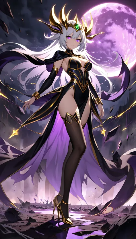 A mysterious and elegant dark sorceress, inspired by Riven from League of Legends, wearing a sleek, form-fitting short black dress adorned with shimmering golden star-like patterns. Her outfit includes thigh-high stiletto heels made of black crystal, glowi...