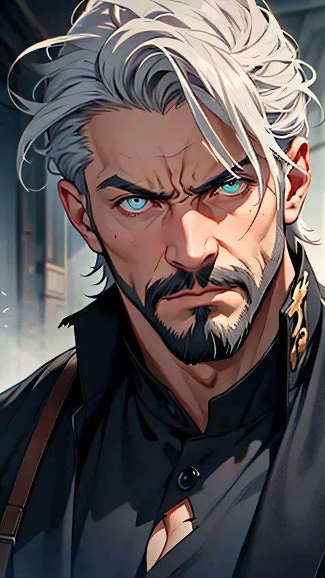 Mature man, 50 years old. Modern hairstyle, gray hair. Light eyes. Beard and mustache with gray hair. Torn royal clothes, blue and white. Angry. Emphasis on his gaze. Only his face is visible.