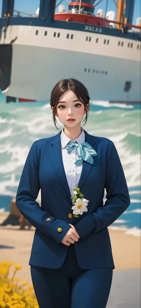 ( masterpiece, Premium quality, best quality, Extremely detailed, Official Art, Light effect, Beauty and Aesthetics : 1.2, 8k resolution, )In the foreground is a Korean woman in a blue suit and blue bow tie, (Full body portrait of the character), The ba...