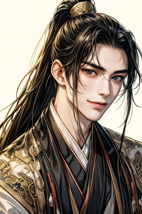 Ancient China , adult male, Age about 25 years old , Handsome , single ,Hanfu , Ancient China Hairstyles, long hair, Dark Hair,black eyes, Smile ,Song Dynasty Costume,Light clothing,romantic, Original Concept Illustration , Mast...