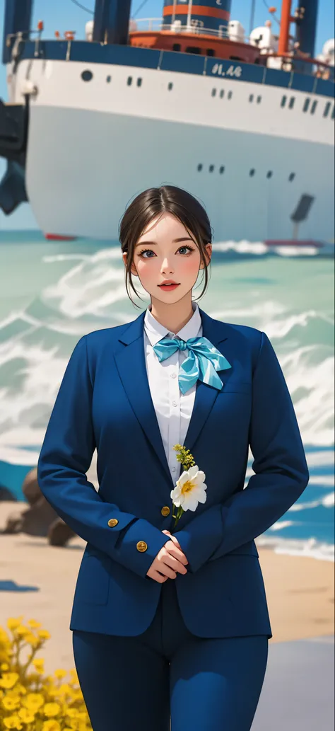 ( masterpiece, Premium quality, best quality, Extremely detailed, Official Art, Light effect, Beauty and Aesthetics : 1.2, 8k resolution, )In the foreground is a Korean woman in a blue suit and blue bow tie, (Full body portrait of the character), The ba...