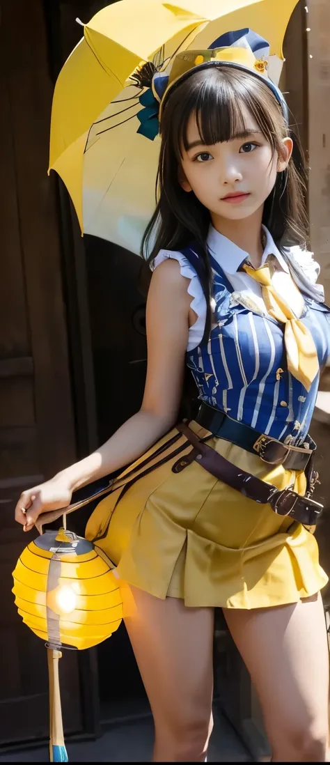 pure steampunk idol girl、full body、A pure girl's face、 hypo、、Yellow and Blue Striped Tight Mini Dress、sleeveless shirt with tie、Glowing Citrus Parasol、Spark belt 