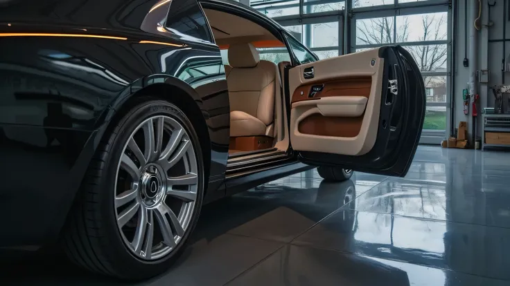 A close-up of the seamlessly integrated coach doors of the Rolls-Royce Wraith, partially opened, revealing an interior lined with handcrafted leather and ambient lighting. The polished garage floor reflects the luxurious vehicle.
