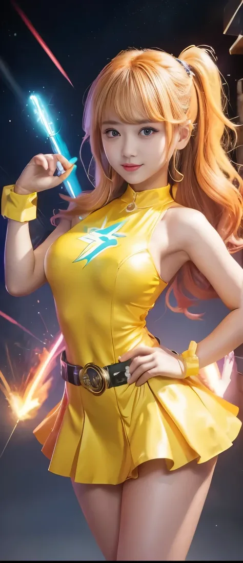 flashy retro idol girl、full body、A pure girl's face、 hypo、、Yellow Tight Mini Dress（Sleeveless）、Glowing flashing wand、Spark belt 