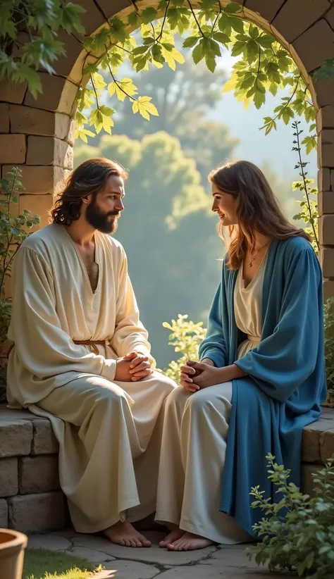 A  and Jesus in heaven 
A  sitting near Jesus 
Jesus beautiful face blue white robe 
Jesus sitting infront of a beautiful small  
Holy atmosphere trees beautiful garden 
Heaven evening atmosphere 
Historical hyperdetailled atmosphere 
Meisterwerk high qual...