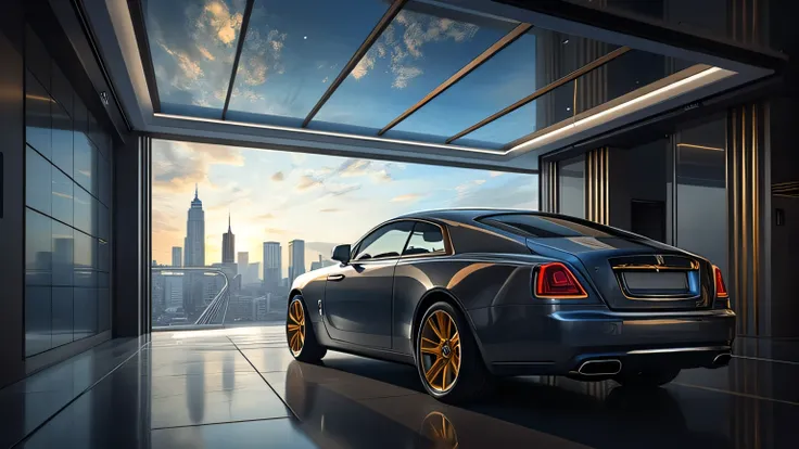 The panoramic sunroof of the Rolls-Royce Wraith, revealing a dynamic city skyline while parked inside a luxury garage with a view.
