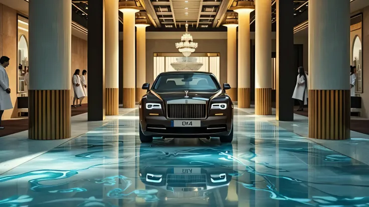 A luxury garage with gold-accented pillars and a crystal-clear floor, reflecting the stunning image of the Rolls-Royce Wraith from above.
